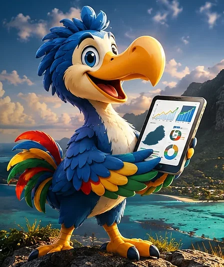 The MoBriefs dodo holding a tablet with charts