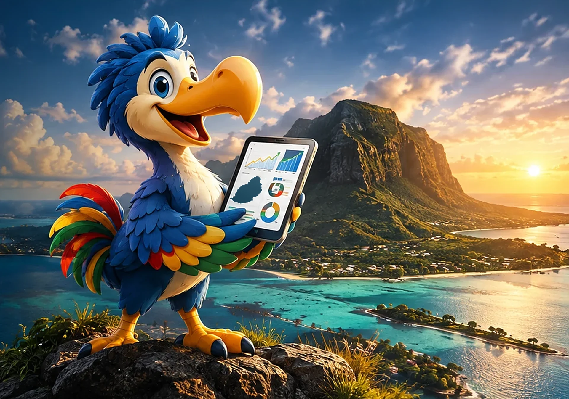 The MoBriefs dodo holding a tablet on a rock above Le Morne, Mauritius, at sunset
